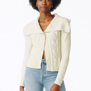 Cabi Women’s Small White Cable Knit Sweater Jacket One‎ Button Collared Cardigan